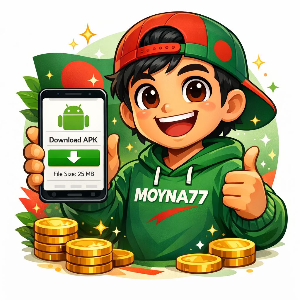 Moyna77 cartoon character holding a phone with an APK download screen and coins