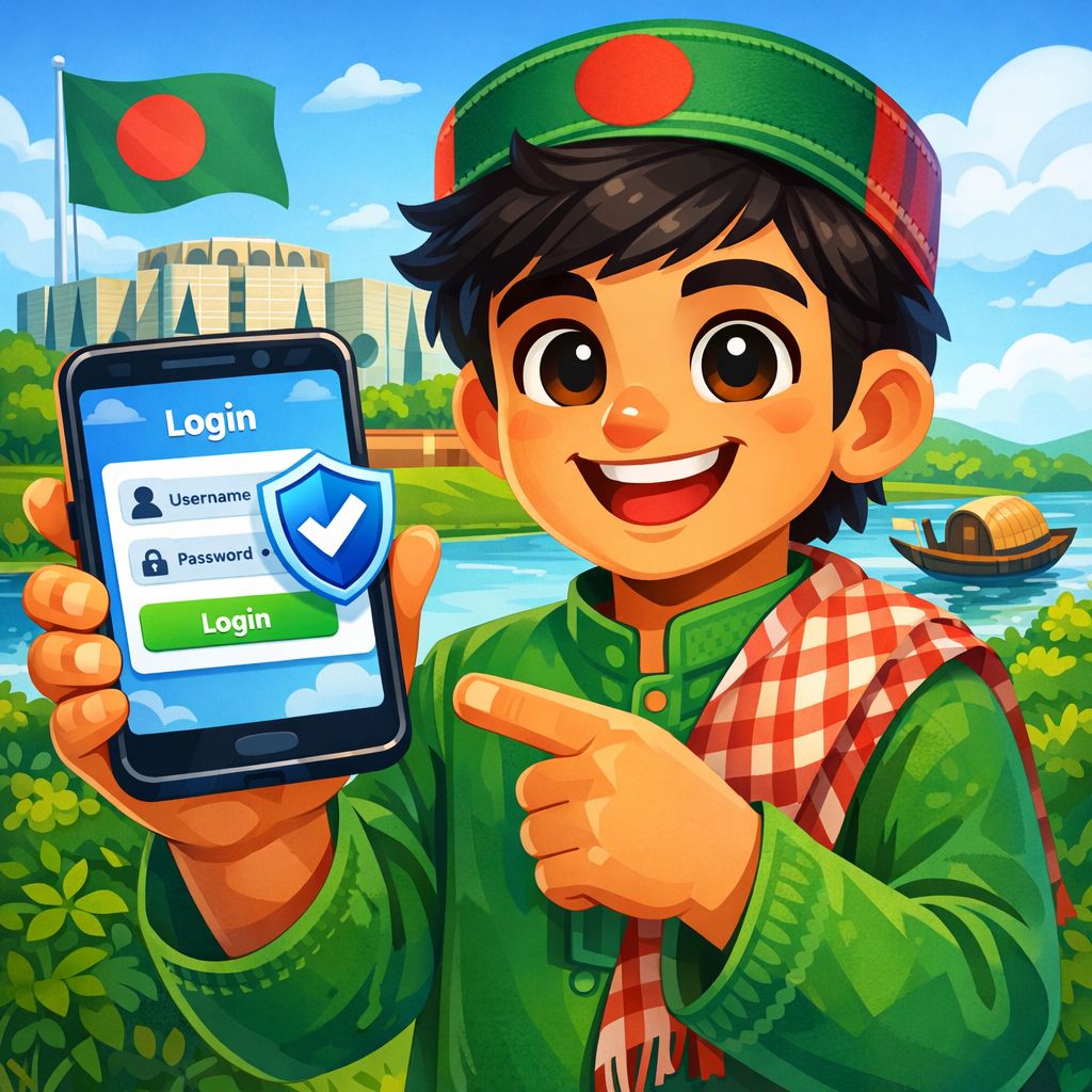 Cartoon character holding a phone with a login screen and security shield