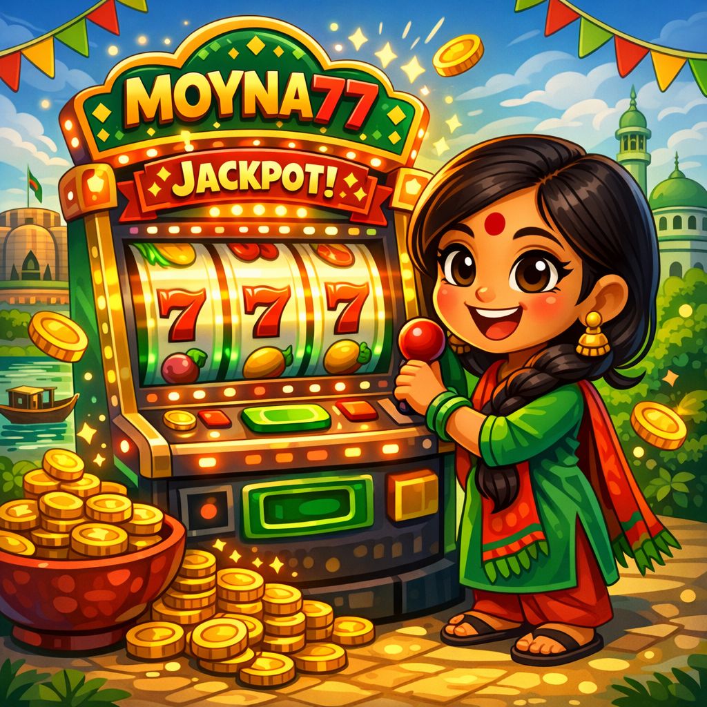 Moyna77 slot-themed cartoon character with reels, coins, and jackpot lights